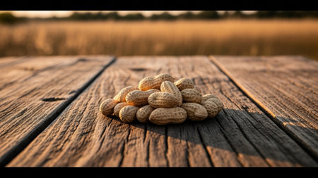 A cinematic environmental wide shot (16:9) of a small pile of raw, shelled peanuts placed on a rustiの素材