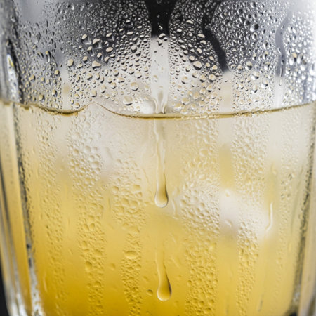 A deeply textural, cinematic macro shot focusing solely on the condensation coating the side of a coの素材