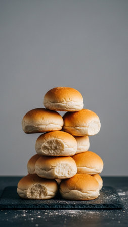A vertical, tall 9:16 editorial shot emphasizing a high, centered stack of plain slider buns with exの素材