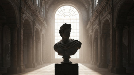 An ultrawide 16:9 cinematic environmental shot of a generic marble bust, silhouetted against massiveの素材