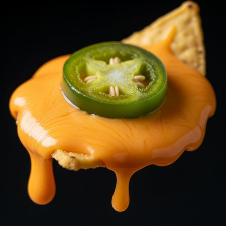 A hero detail shot featuring a single, perfect corn tortilla chip (nacho) drowning in thick, moltenの素材
