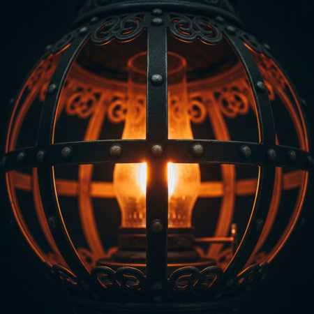 A hero detail shot capturing the intricate ironwork and glowing source of an antique gas lantern. Thの素材