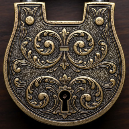 A detailed, symmetrical square composition focused exclusively on the aged metal artistry of a heavyの素材