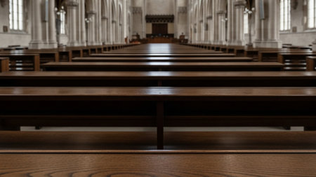 A cinematic wide-angle photograph capturing the interior of a vast, empty historic hall or chapel. Tの素材