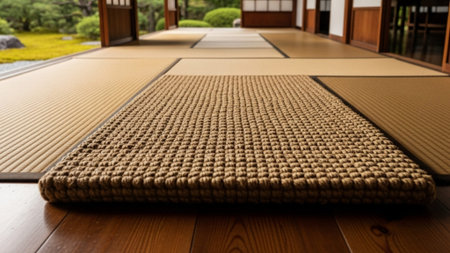A cinematic environmental wide shot (16:9) of a tranquil, traditional Japanese veranda featuring a lの素材
