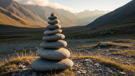 A cinematic, ultrawide 16:9 panoramic shot of a meticulously stacked pile of small, smooth, dark greの素材