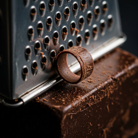 A square, tightly framed close-up focusing intensely on the moment a dark chocolate shaving is creatの素材
