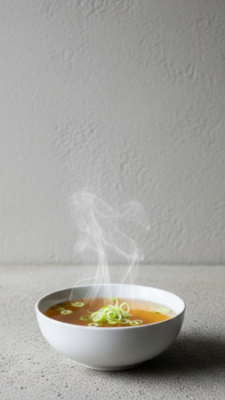 A vertical, tall 9:16 format photograph focused on a single white ceramic bowl containing clear, steの素材