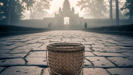 A panoramic 16:9 cinematic environmental wide shot of an empty, traditional woven alms basket restinの素材