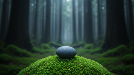 An ultra-wide, cinematic perspective (16:9) capturing a small, dark pebble resting on a dense patchの素材