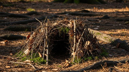 A cinematic environmental wide shot of a temperate forest floor in late autumn, focusing on a subtleの素材