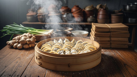 An environmental, cinematic wide-angle photograph (16:9) capturing a bamboo steamer basket filled wiの素材