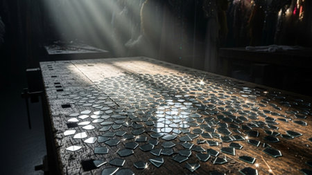 A cinematic, ultra-wide 16:9 shot capturing the scale of preparation within a Carnival costume worksの素材