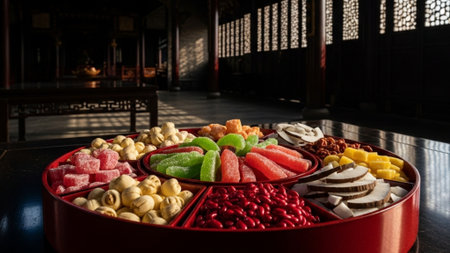 A cinematic wide environmental photograph (16:9) capturing a traditional Lunar New Year offering. Aの素材