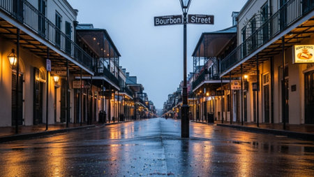 A cinematic ultrawide 16:9 view of Bourbon Street in the New Orleans French Quarter during blue hourの素材