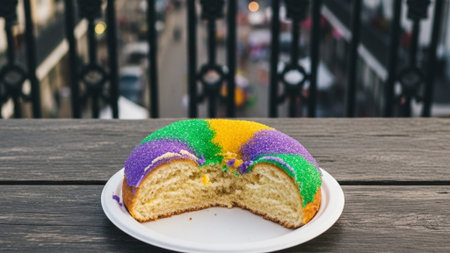 Cinematic Wide Shot (16:9) capturing a peaceful, isolated moment during Mardi Gras. A half-eaten sliの素材