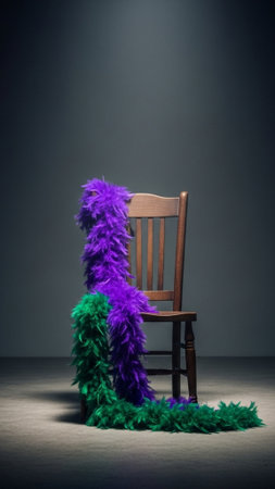 A vertical, full-frame editorial still life showcasing a purple and green feather boa draped over aの素材