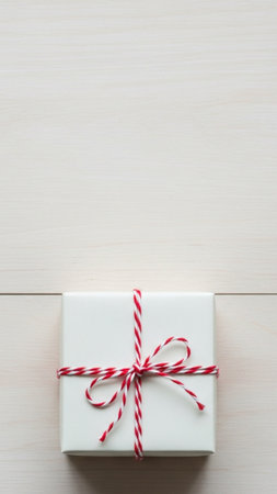 A vertical (9:16) stock image showing a small, square, cream-colored gift box tightly wrapped with tの素材