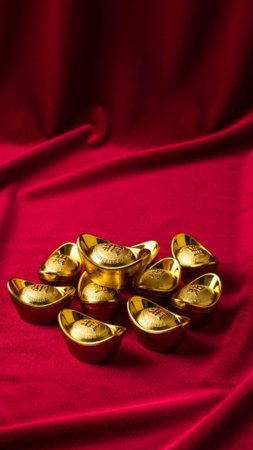 A striking vertical studio shot of heavy, antique-finish gold ingot replicas (Yuanbao) scattered acrの素材