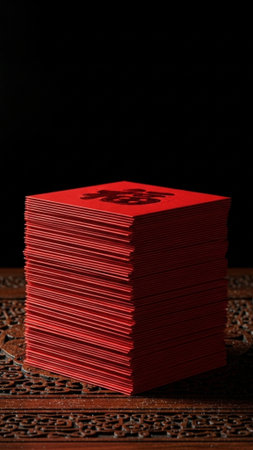 A striking, tall stack of rich, scarlet Hongbao (red envelopes) is photographed with a wide-angle leの素材
