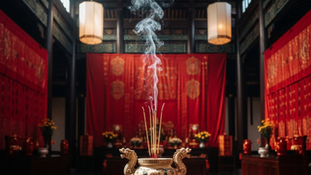 Cinematic wide shot (16:9) of a Lunar New Year ceremony space. The focus is on a dragon-shaped ceramの素材