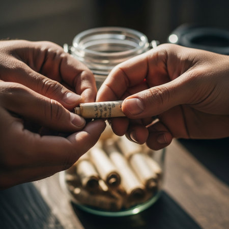 A tightly framed square image centering on four hands--the fingers of a man and a woman--working togetの素材