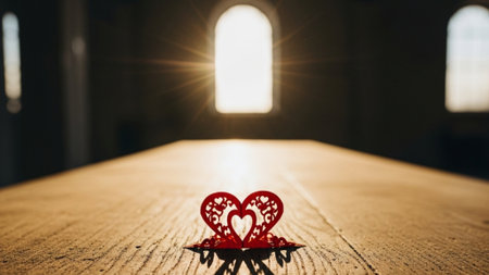 A panoramic 16:9 cinematic wide shot. The focus is on a small, red, delicate paper cutting of interlの素材