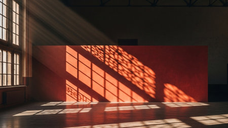 A panoramic, ultra-wide cinematic photograph of a vast, minimalist interior hall. The middle groundの素材