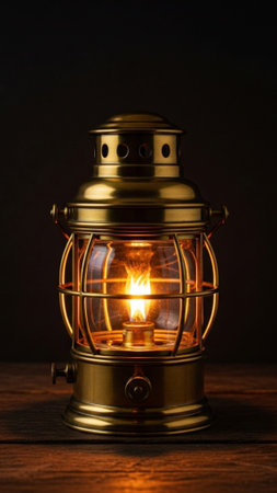 A striking vertical (9:16) composition of a single, highly detailed, antique brass ship lantern. Theの素材