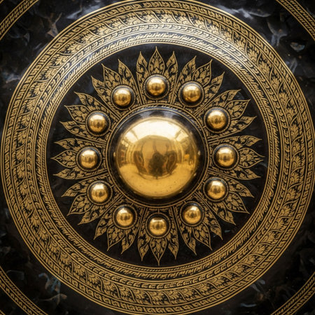 A striking, tightly framed square composition focusing intensely on the hammered texture and goldenの素材