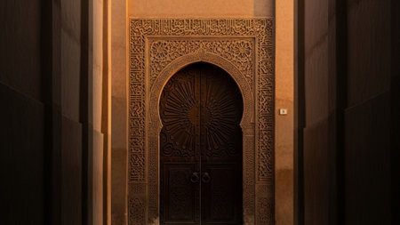A cinematic wide shot capturing a majestic, dark wooden door at the end of a quiet, historic alleywaの素材