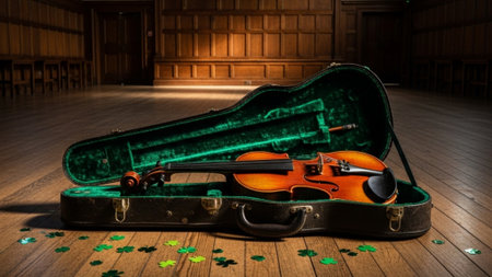 A cinematic environmental wide shot captures a still life featuring a vintage fiddle resting in itsの素材