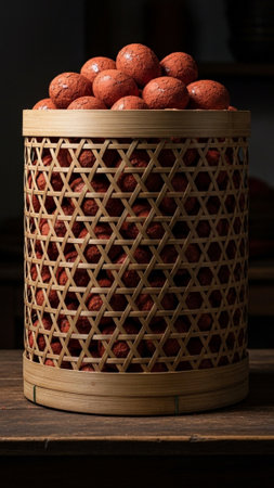 A striking vertical composition centered on a large, tall bamboo basket filled abundantly with red cの素材