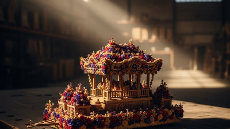A cinematic environmental wide shot of an ornate miniature wooden carnival float model, covered in cの素材