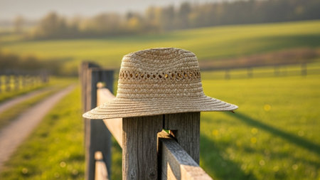 A cinematic wide (16:9) environmental shot of a traditional hand-woven straw hat positioned on a weaの素材