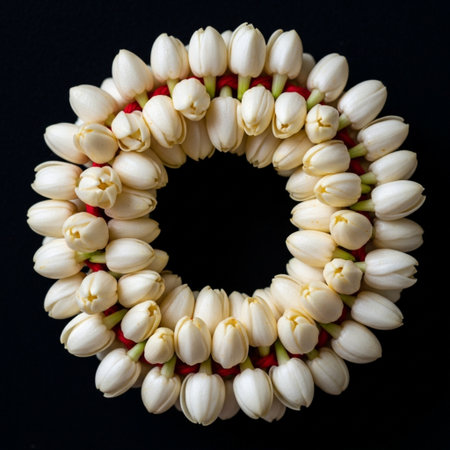A hero detail macro shot of a traditional Indian jasmine (Mogra) garland, tightly strung with a thinの素材