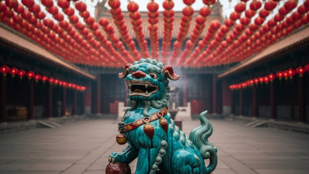 An environmental, cinematic wide shot (16:9) capturing a detailed, glossy ceramic female Foo dog figの素材