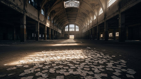 A cinematic wide environmental shot (16:9) capturing the vast, decaying interior of an abandoned busの素材