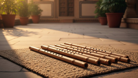 A cinematic wide shot (16:9) capturing traditional Indian bamboo flutes (Bansuri) resting on a juteの素材