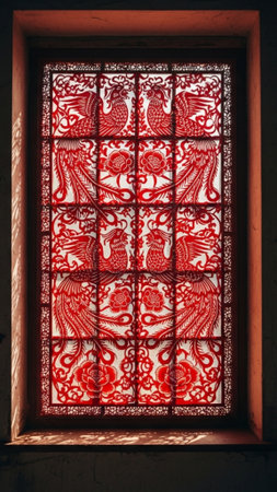 A striking, high-contrast vertical shot of a traditional Chinese wooden window. The window pane is mの素材