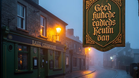 A dramatic, ultrawide 16:9 cinematic shot capturing the environmental setting of a vintage Irish pubの素材