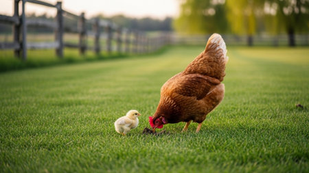 A cinematic 16:9 wide-angle photograph set during the golden hour, capturing a brown mother hen andの素材