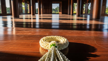 A cinematic wide environmental shot (16:9) capturing a delicate Phuang Malai (Thai jasmine garland)の素材