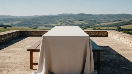 An environmental, ultrawide 16:9 cinematic photograph capturing a heavy, textured linen tablecloth iの素材