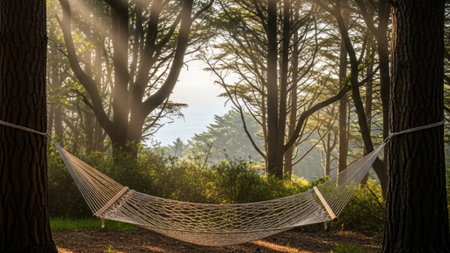 Cinematic 16:9 ultra-wide shot of a pristine, empty rope hammock strung between two colossal oak treの素材
