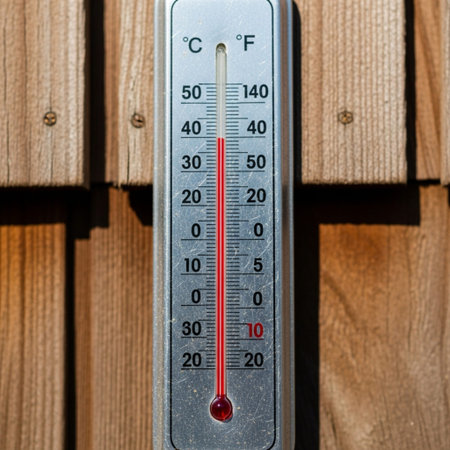 Hero detail shot of an analog outdoor thermometer during a heatwave. The square composition focusesの素材