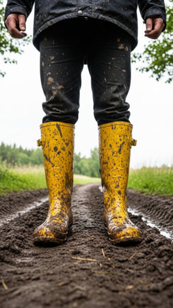 Editorial full-body vertical image (9:16) of a subject wearing heavily mud-splattered yellow rain boの素材