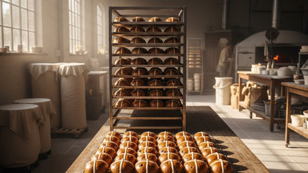 A cinematic wide environmental shot of a rustic bakery kitchen at dawn. A large batch of hot cross bの素材