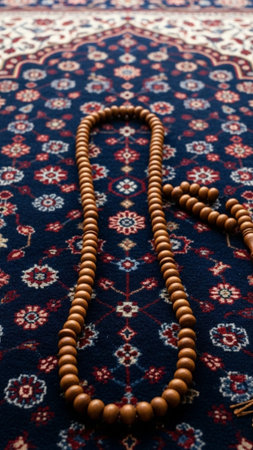A vertical 9:16 stock photo featuring dark wooden Misbaha prayer beads centered on a richly coloredの素材