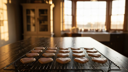 A cinematic environmental wide shot of a rustic farmhouse kitchen, bathed in golden morning light. Tの素材
